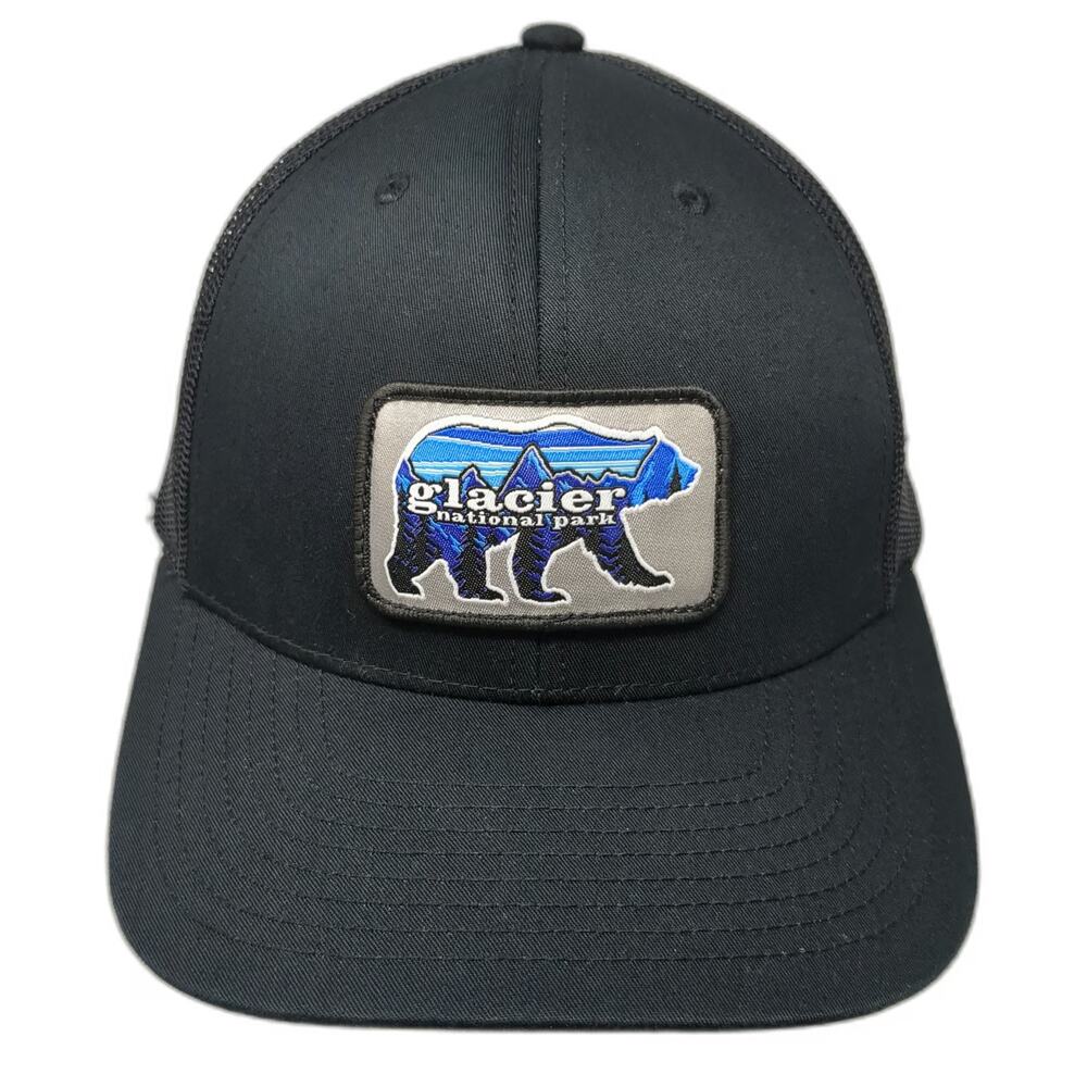 Richardson Trucker Hat Black One Size Glacier National Park Bear Patch Mesh Snap
